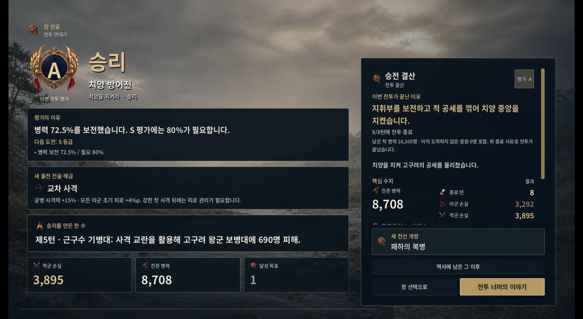 삼국전략: 전쟁의 연대기 — 게임의 합법 명령 진행으로 얻은 승리 결과와 전투 평가 화면입니다.